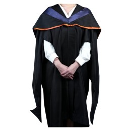 Designed black hood with wide orange silk band Customized black graduation robe Taught Master of Laws Doctor of Laws Slits on the sleeves Zippered graduation robe Graduation gown manufacturer City University of Hong Kong DA501 Designed black hood with wide orange silk band Customized black graduation robe Taught Master of Laws Doctor of Laws Slits on the sleeves Zippered graduation robe Graduation gown manufacturer City University of Hong Kong DA501